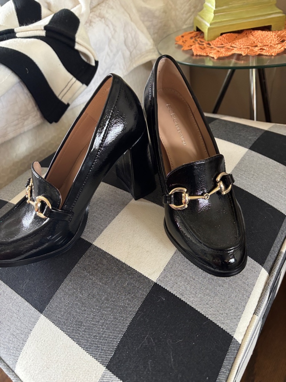 BCBGeneration Black Patent Block Heel Loafers with Gold Bit Accent